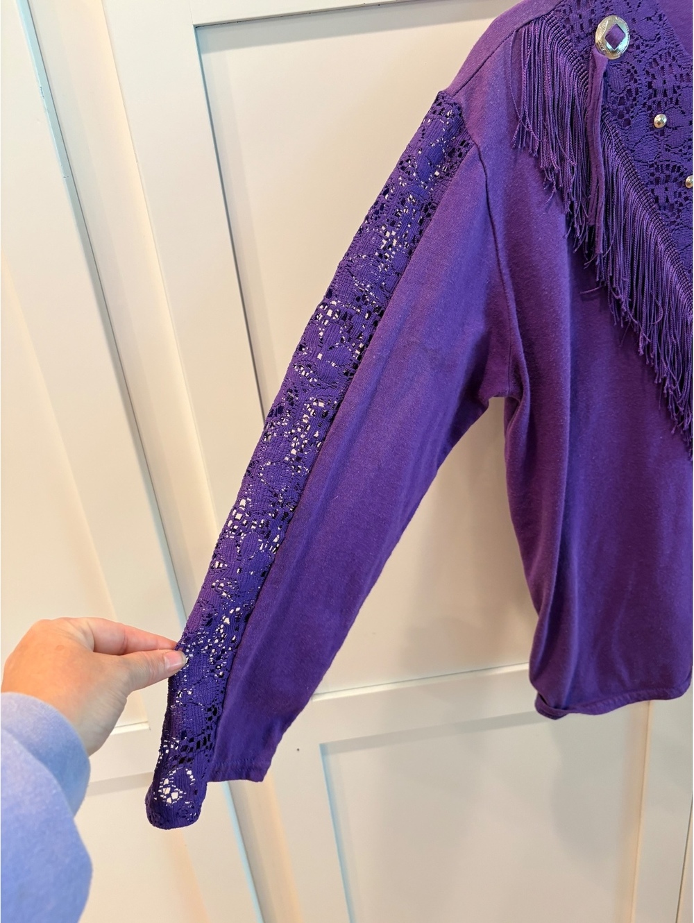 Vintage Sasza Purple Long Sleeve Blouse with Lace and Fringe Detail - Picture 7 of 10